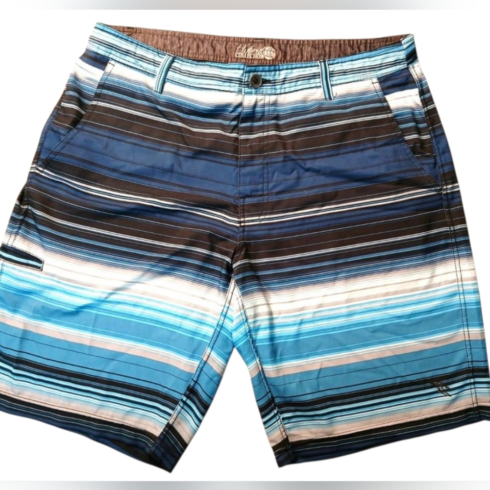 VNTG Hybrid Collection Swim Trunks Shorts Sz 36 Blue Raggae Striped Surf Skater